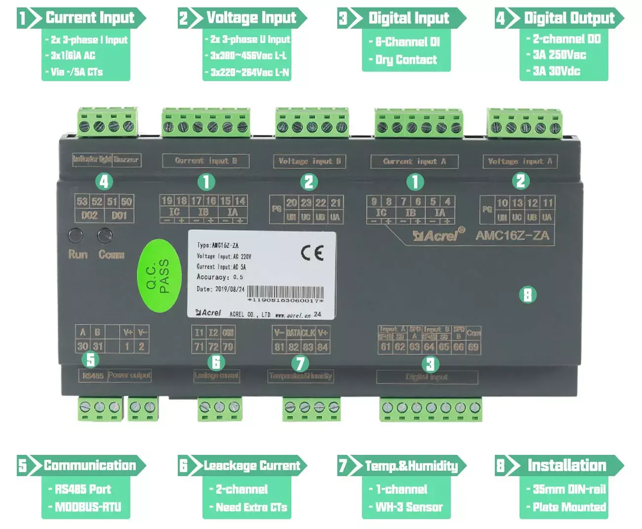 Acrel AMC16Z-ZA dispositivo de monitoramento de circuito duplo para data center medidor de monitoramento de circuitos de entrada CA para data center