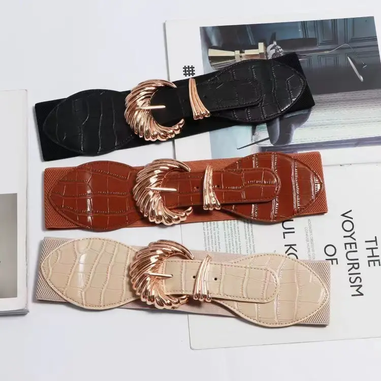 Venta al por mayor Vintage grabado aleación hebilla piedra patrón PU cuero elástico occidental cinturón Mujer