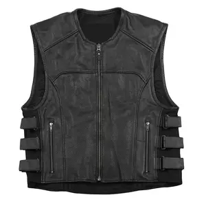 Pro Biker Black Perforated Leather Vest/Custom Motorcycle Cool Black Perforated Leather Vest