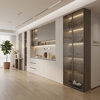 Armoire de chambre murale complète en composite chêne clair mat crème, unité de base encastrée pour machine à café avec tiroir