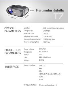 Máy Chiếu Mini T7 Độ Sáng Cao, Máy Chiếu Đa Phương Tiện, Phim Ảnh, Văn Phòng, Gia Đình, Led, Cùng Màn Hình - Product Image 2