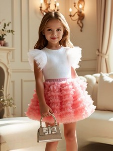 4 5 6 7세 공주 어린이 여름 드레스 도매 아동복 2피스 핑크 플라잉 슬리브 티셔츠 플러피 드레스 - Product Image 2