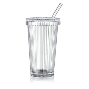Vente chaude 15 OZ <span class=keywords><strong>pas</strong></span> <span class=keywords><strong>cher</strong></span> clair brillant tasse en <span class=keywords><strong>verre</strong></span> à rayures <span class=keywords><strong>avec</strong></span> <span class=keywords><strong>paille</strong></span> en <span class=keywords><strong>verre</strong></span> et couvercle en <span class=keywords><strong>verre</strong></span> pour l'été - Product Image 1