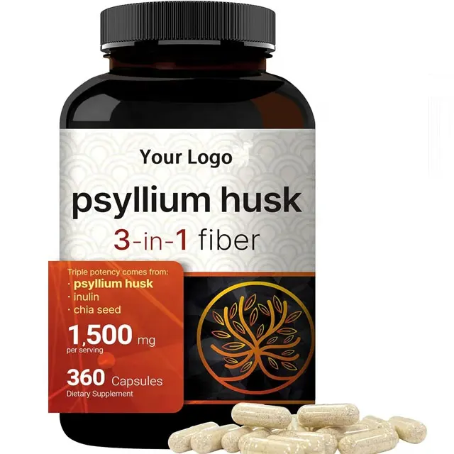 Cápsulas de cáscara de psyllium OEM 3 en 1 fibra con inulina y fibra soluble diaria de semilla de chía para la salud intestinal