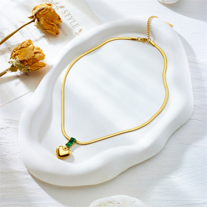 Heart Pendant Necklace Stainless Steel Green Gemstone Chain Clavicle Jewelry Gift - Product Image 3