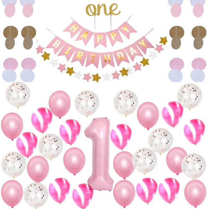 Kit de decorações para meninas do primeiro aniversário, conjunto de suprimentos para meninas, decoração premium, primeiro aniversário, kit de tema princesa rosa ou ouro, decorações para meninas, primeiro aniversário