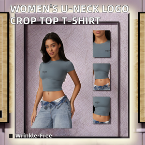 Camiseta Corta de Punto con Cuello en U Estampada para Mujer, Transpirable, de Verano, con Logotipo Personalizado, Ajustada, Informal, para Ropa Urbana - Product Image 3
