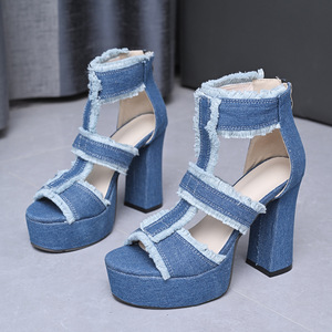 New Jeans Plus Size Women's Summer Heeled <b>Sandals</b> With Chain Back Zipper - Product Image 2