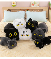 Coussin long en peluche chat noir, gris, blanc avec logo personnalisé, jouet en peluche chaton aux grands yeux, poupée animale en peluche, coussin de lit et de canapé dessin animé/anime