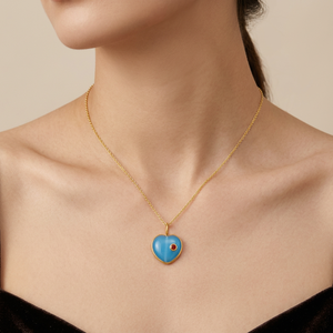 Minimalist Punk Style Charms Jewelry Blue Cat's Eye Heart Statement Pendant Cubic Zirconia 18k Gold Plated Bezel Set Necklace - Product Image 3