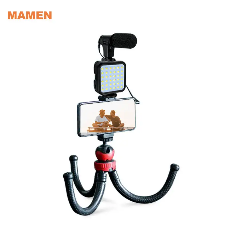 MAMEN kit Vlog logo kustom mikrofon video ponsel pintar peralatan Vlog dengan mikrofon senapan tripod lampu led untuk youtube