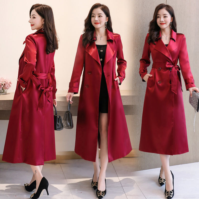Red silk satin trench coat