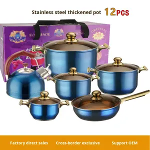 Güneydoğu Asya Paslanmaz Çelik Rebase Tabanlı 12 Parça Tencere Seti Cam Kapaklı Üniversal Ocak Uyumluluğu Renkli Tencere ve Tavalar - Product Image 3