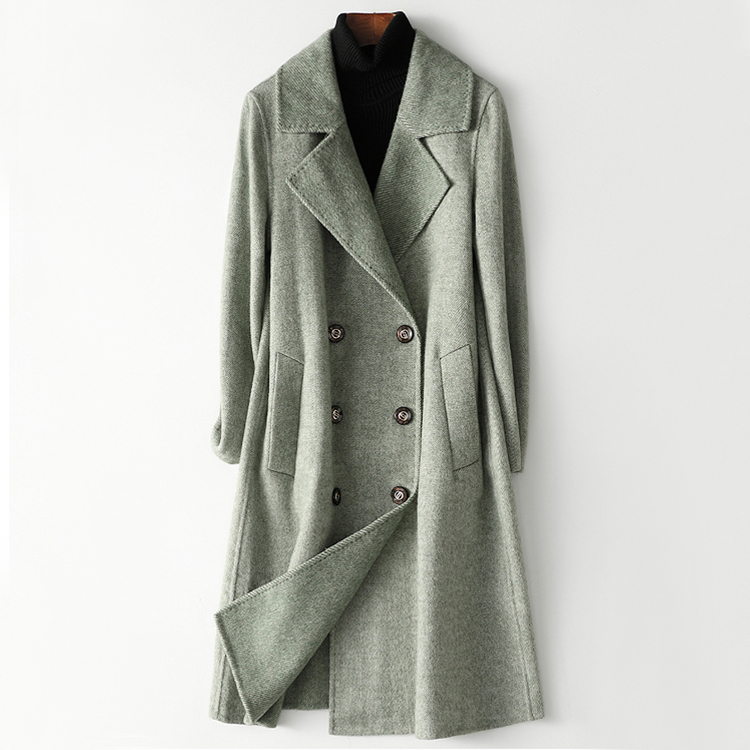 Women Double Breasted Lapel Women Trench Long Wool Coat