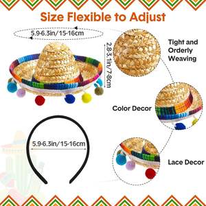 قبعات قش على شكل سومبريرو لحفلات سينكو دي مايو في المكسيك، عصابات رأس للحيوانات الأليفة، قبعات صغيرة للقطط والكلاب لتزيين الحفلات - Product Image 6