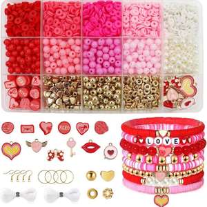 Kit de fabrication de bijoux Heishi rose et rouge pour la Saint-Valentin, perles en argile polymère, breloques en forme de cœur, bracelet pour filles - Product Image 1