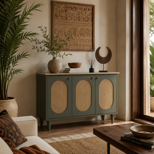 Aparador Moderno de Ratán con Membrana Verde Oliva y Acabado en Roble Sonoma - Product Image 4