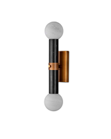 Applique murale design moderne en marbre travertin avec globes en verre cylindriques, laiton massif, laiton antique, Beatrix Black Bath Wall Sconce