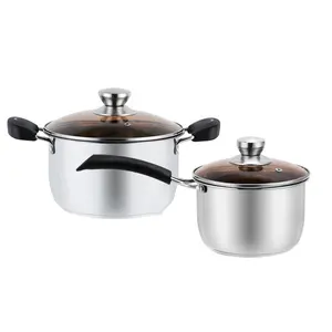 2 Cái Cookware Set 22Cm Nồi Súp & 18Cm Nồi Sữa Dày Composite Đáy Thép Không Gỉ Pot Set Với Kính Nắp