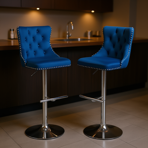 Tabourets de bar modernes bleus en velours, base chromée, hauteur réglable, dossier capitonné, mobilier commercial - Product Image 2