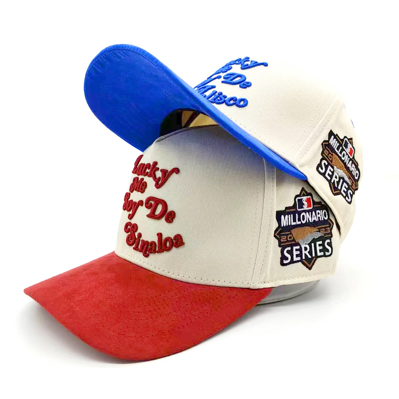 Hochwertige benutzer definierte Stickerei Logo 5 Panel Wildleder Baseball Cap geprägtes Logo auf Krempe Snapback Hüte Cap 3d Stickerei benutzer definierte