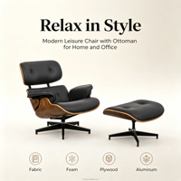 Fauteuil de détente moderne HR-1009 avec repose-pieds, coque en contreplaqué courbé, base pivotante en aluminium pour salon, appartement, bureau à domicile, hôtel
