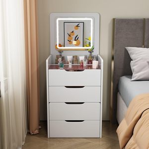 Tocador de maquillaje compacto moderno de 3 cajones con espejo con luz LED, taburete de tocador con tapa abatible para dormitorio - Product Image 4