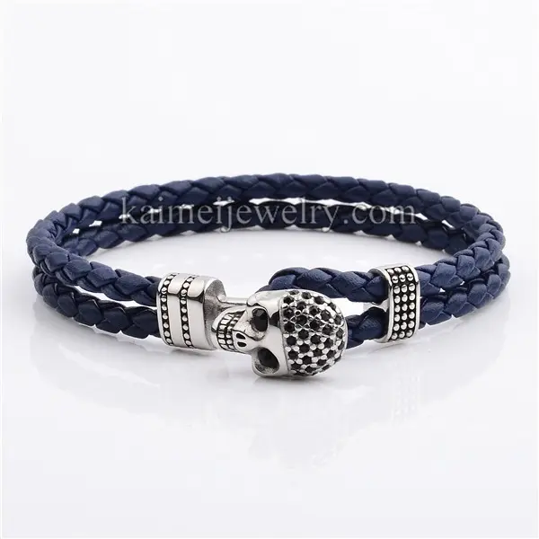 Wholesale Jewelry Stainless Steel Skull Bracelet Punk Style Men's Leather Bracelet