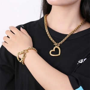 Popular 18k Gold Plated <b>love</b> Stainless Steel Heart Pendant Necklace <b>Bracelet</b> Jewelry Set - Product Image 2