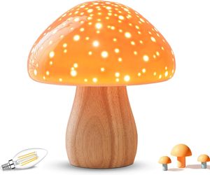 Lámpara de Noche de Madera con Forma de Hongo, Lámpara de Mesa para Dormitorio, Estilo Retro <span class=keywords><strong>Vintage</strong></span>, Luz Nocturna Naranja, Pequeña y Estética, para Sala de Estar, Escritorio, Hogar - Product Image 4