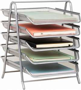 Metal Desk Organizer with 5 Sliding Trays for Letters and <b>Files</b> Holder 5 Tier Paper Tray Desktop <b>File</b> Storage Office Silver - Product Image 1