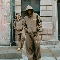 Ensemble de survêtement unisexe à capuche zippé avec logo personnalisé, effet délavé vintage, pantalon de survêtement ample à jambes larges en molleton épais, style streetwear, deux pièces
