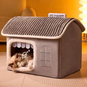 Gemütliches, geschlossenes, warmes Katzen hausbett für Katzen und kleine Hunde, weiches, faltbares privates Tierheim mit abnehmbarem Kissen - Product Image 2