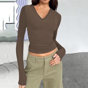 T-shirt court respirant pour femme, col en V, manches longues, coupe ajustée, en Spandex, couleur unie, décontracté, avec logo brodé, pour l'automne, l'hiver et l'été - Product Image 3