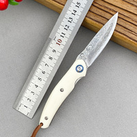 Draagbaar opvouwbaar kampeermes voor buitengebruik, hoge hardheid Damascus staal, gekarteld lemmet, handvat van runderbeen, 16,5 cm, fruitmes