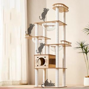 Wholesale 67 Inch Wooden Tower OEM ODM Custom Logo 14 Sisal Posts Condo Stairs 2 Bowls Padded Platform Toy Balls Carton - Product Image 1