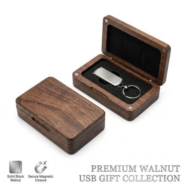 Landy Luxury Black Walnut Wooden USB Box Magnetic Packaging Box for Flash Drive Custom Logo Photography Gift Wholesale