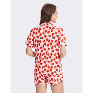 Conjunto de Pijama para Mujer, Manga Corta, con Botones, Estampado de Fresas, Tela Suave, Ropa de Dormir Informal para Chicas Jóvenes - Product Image 3