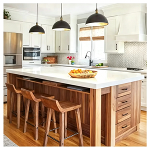 Vermonhouzz Armoires de <span class=keywords><strong>cuisine</strong></span> modernes personnalisées en noyer massif sans poignées <span class=keywords><strong>avec</strong></span> <span class=keywords><strong>îlot</strong></span> <span class=keywords><strong>central</strong></span> en quartz blanc - Product Image 2
