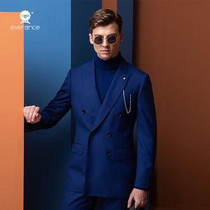 Abito da <span class=keywords><strong>uomo</strong></span> Everance <span class=keywords><strong>blu</strong></span> <span class=keywords><strong>scuro</strong></span> con revers a punta, in tessuto Super 110's, doppiopetto, elegante, per matrimoni, cene e feste - Product Image 1