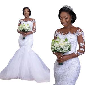 Vestido de novia de sirena con cuentas africanas de lujo personalizado, manga larga, apliques de perlas, vestidos de novia, Vestido de novia - Product Image 4