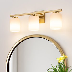 Applique murale moderne de luxe en or poli à 3 lumières pour salle de bain, au-dessus du miroir, avec abat-jour en verre blanc - Product Image 3