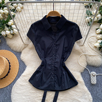 Chemisier d'été élégant à revers et manches courtes pour femme, avec taille cintrée et nœud devant, style peplum, idéal pour le bureau