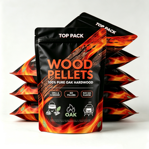 Sachet à fermeture éclair à fond plat et huit soudures latérales, personnalisé OEM, faible MOQ, pour l'emballage de granulés de bois de barbecue et de granulés de bois de fumage en chêne. - Product Image 1