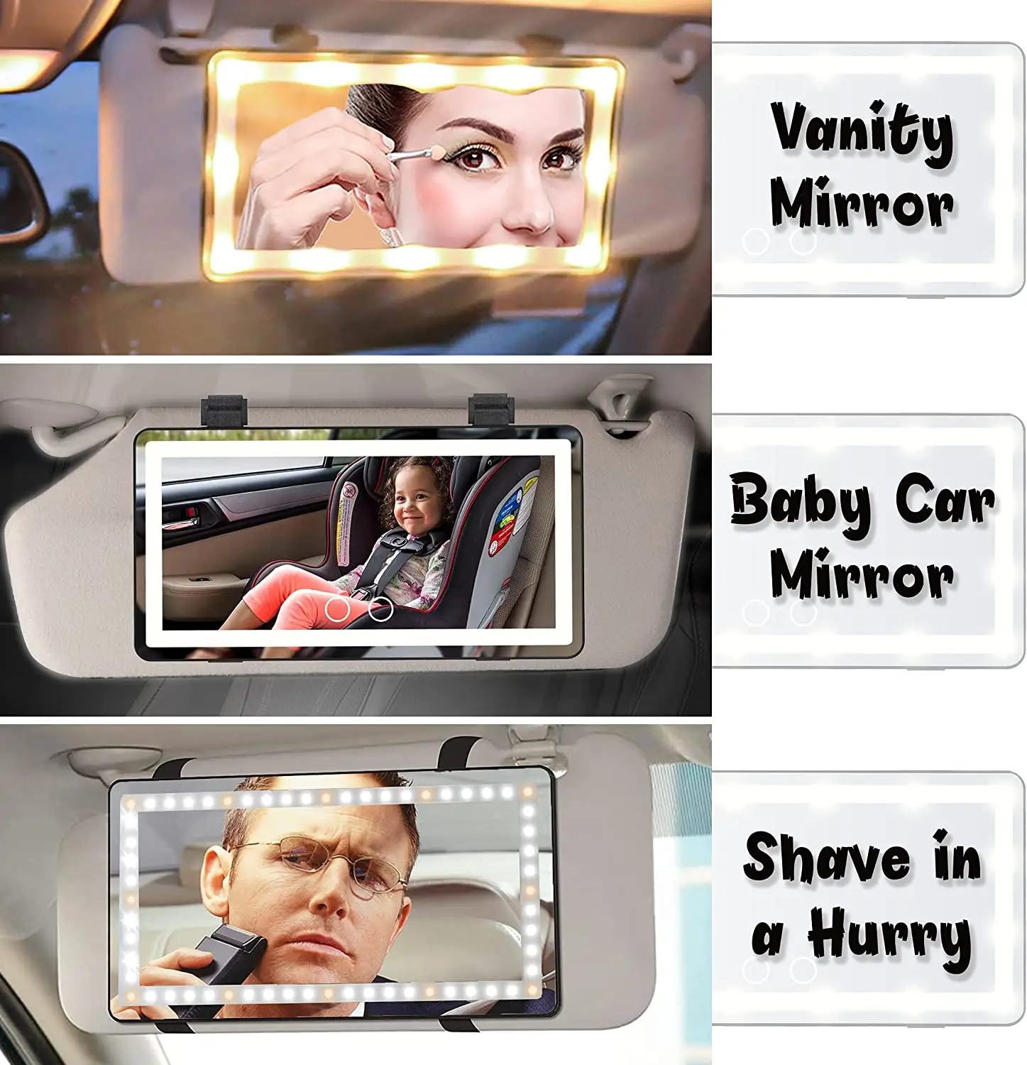 Espelho de vaidade interior universal para carros, espelho portátil de maquiagem com LED, viseira de sol para carros, cosméticos automotivos HD, com luzes LED