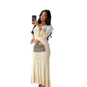 Women 2024 Autumn Winter Fashion Long Temperament V-neck Slim <strong>Button</strong> Down <strong>Solid</strong> <strong>Color</strong> Knitted Long Sleeved Dress - Product Image 1