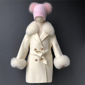 Manteau en laine pour maman et <span class=keywords><strong>moi</strong></span>, très tendance, avec col en vraie fourrure de <span class=keywords><strong>renard</strong></span>, manteau long en cachemire pour enfant avec ceinture, manteau en vraie fourrure de <span class=keywords><strong>renard</strong></span> - Product Image 2