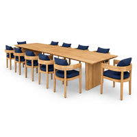 Ensemble de salle à manger d'extérieur en teck massif de qualité hôtelière de luxe, extra long, 10-12 places, avec fauteuils à coussins bleu marine imperméables