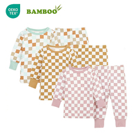Set piyama bayi motif kotak-kotak dan Solid lengan panjang grosir setelan piyama bayi bambu Viscose 2 potong