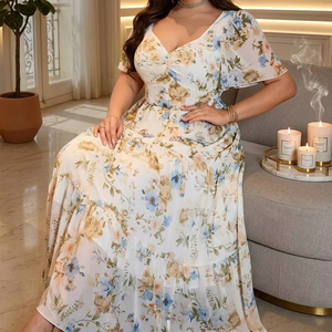 Vestido Floral de <span class=keywords><strong>Talla</strong></span> <span class=keywords><strong>Grande</strong></span> para Mujer 2026 - Elegante Vestido Midi con Cuello en V y Manga Corta, Cintura Ajustada para Vacaciones y Banquetes - Product Image 1